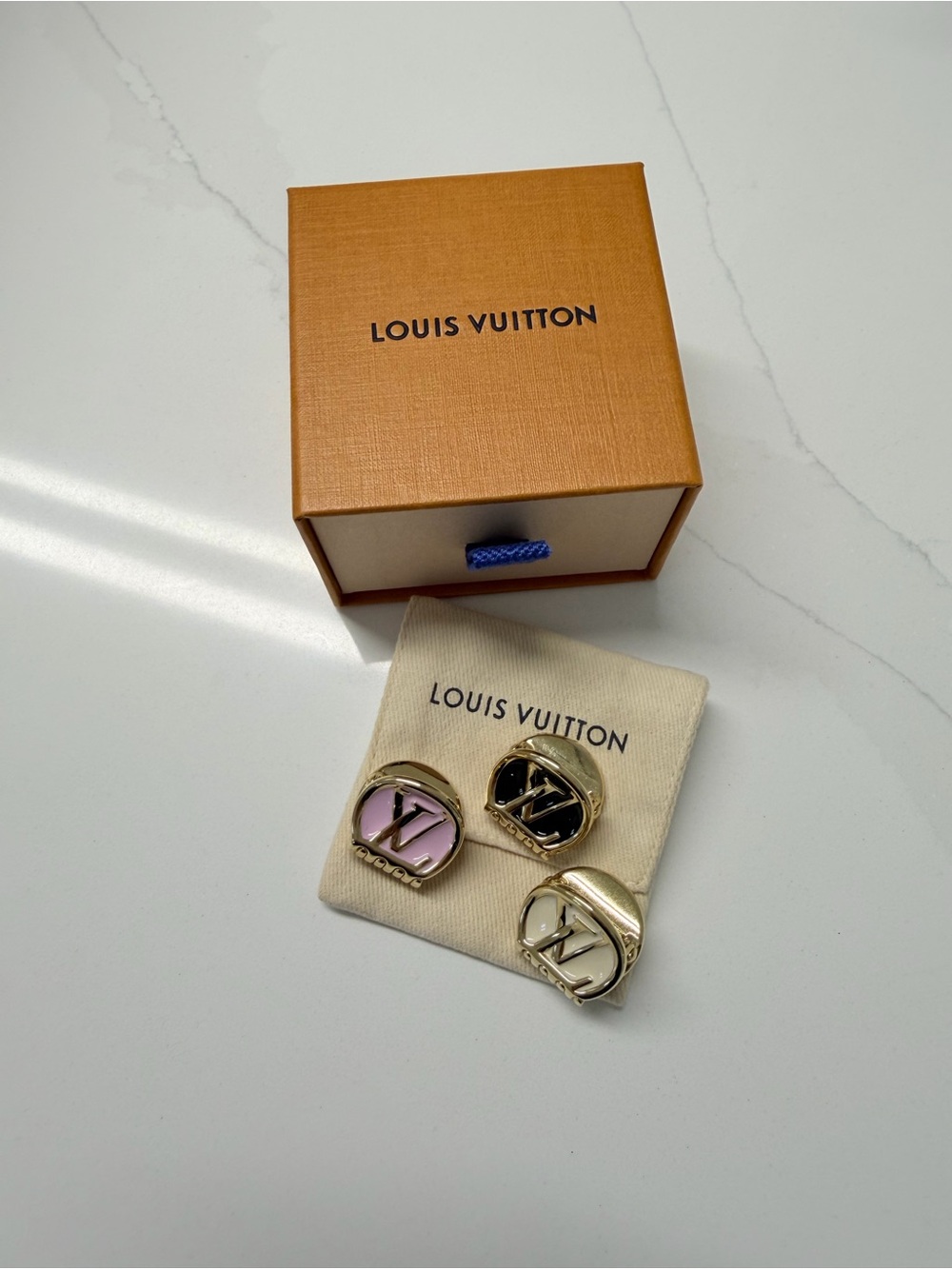 Louis Vuitton Round LV Logo Earrings in Pink, Black & Cream with Gold Tone